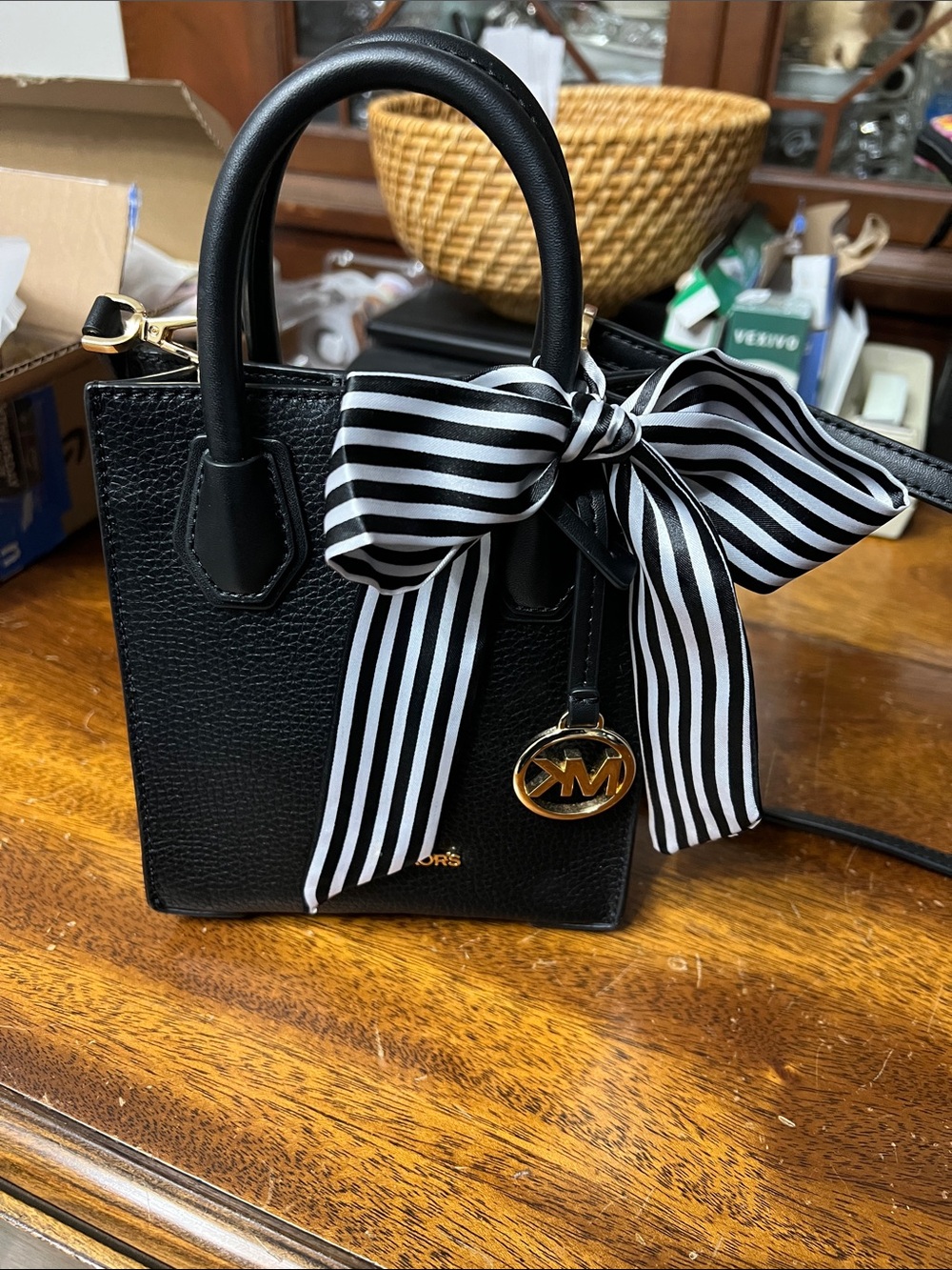 Michael Kors Black Mini Tote with Gold MK Charm
